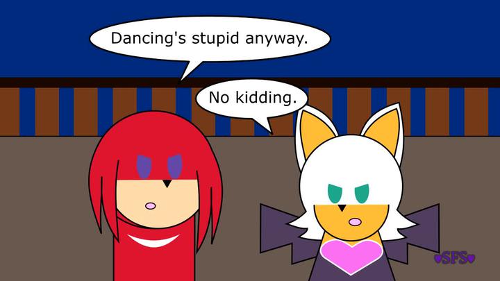 Still frame of chibi Knuckles saying 'Dancing's stupid anyway' and chibi Rouge saying 'No kidding.'